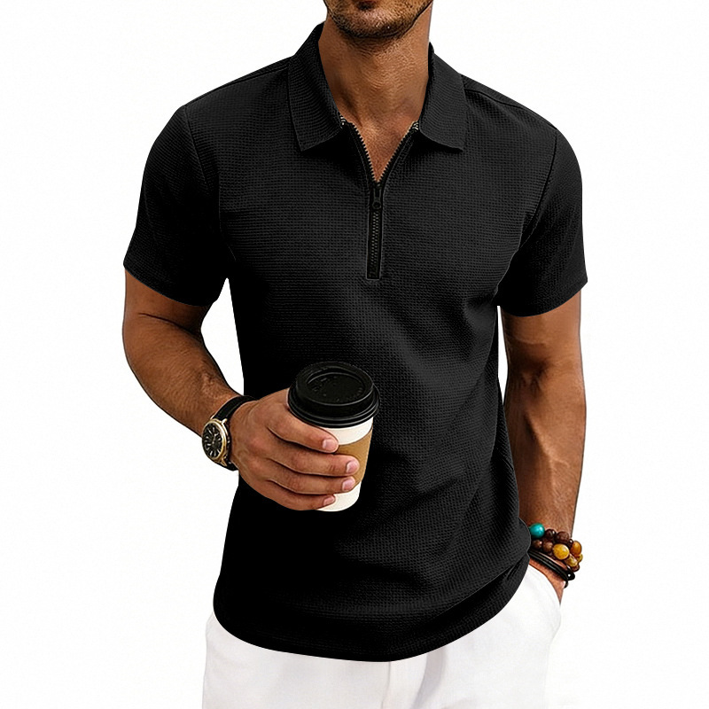 Herren-Sommerhemd im amerikanischen Stil, schlichtes Kurzarmhemd mit Golfkragen und Waffelstrick, modisches Oberteil_voghion.com