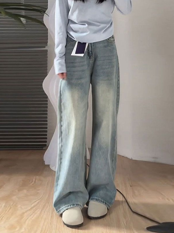 浅色阔腿牛仔裤女高腰秋季新款大码胖mm宽松显瘦梨形身材直筒裤子|undefined
