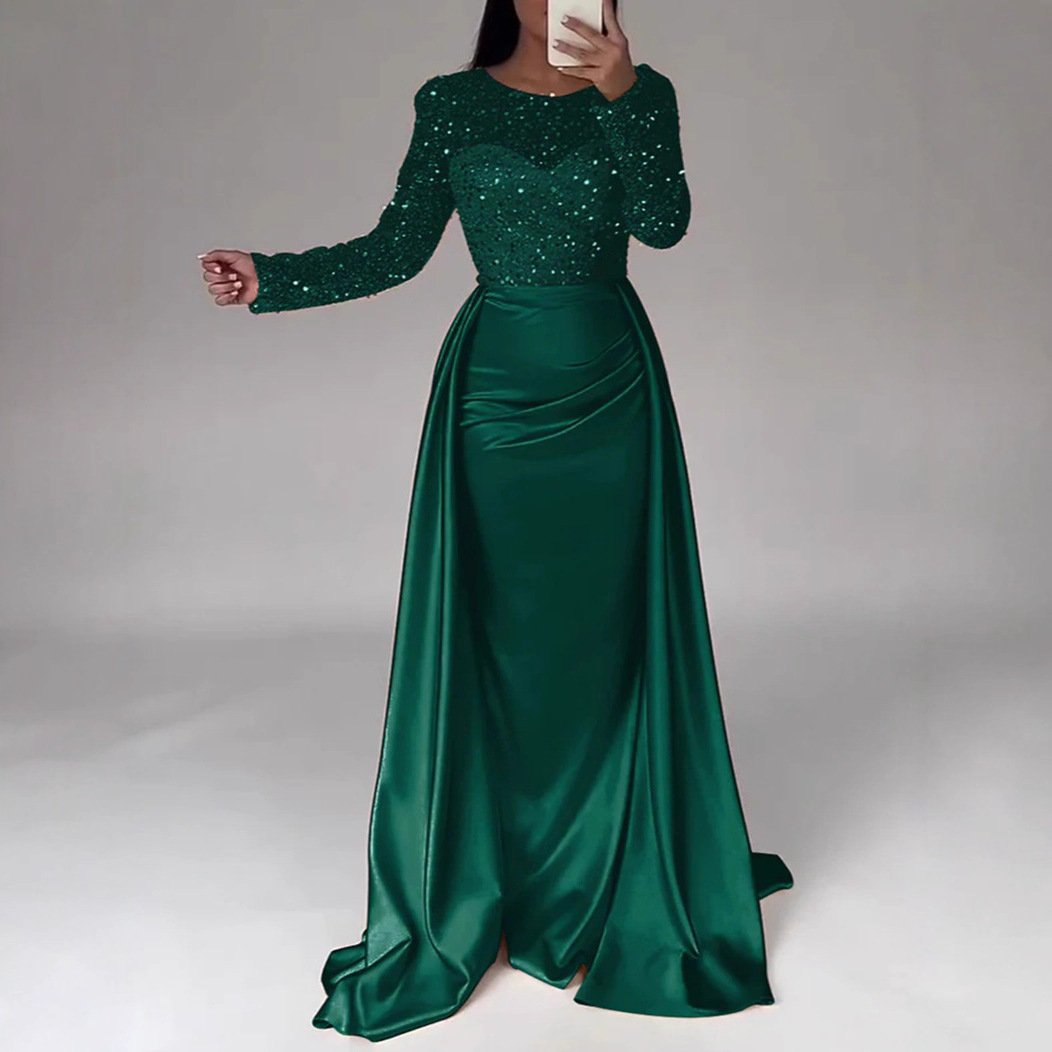 Women's Elegant Sequined Evening Gown Long Sleeved Banquet Dress American Style Fashion For Annual Meeting Host Queen Aura_ecoleips.com