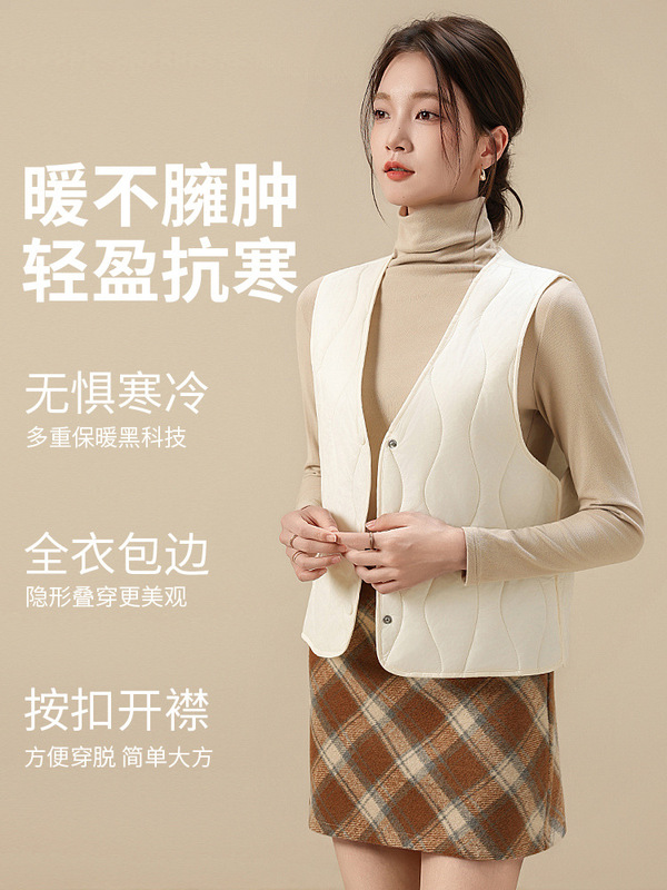 秋冬季新款绵马甲女款轻薄保暖加棉羊毛排扣绗缝马夹宽松大码背心|undefined