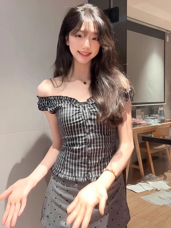 韓国純粋な欲望黒と白のチェック柄ワンショルダーツーウェアオフショルダーシャツベスト女性の夏多用途甘いホットガールスリムトップ|undefined