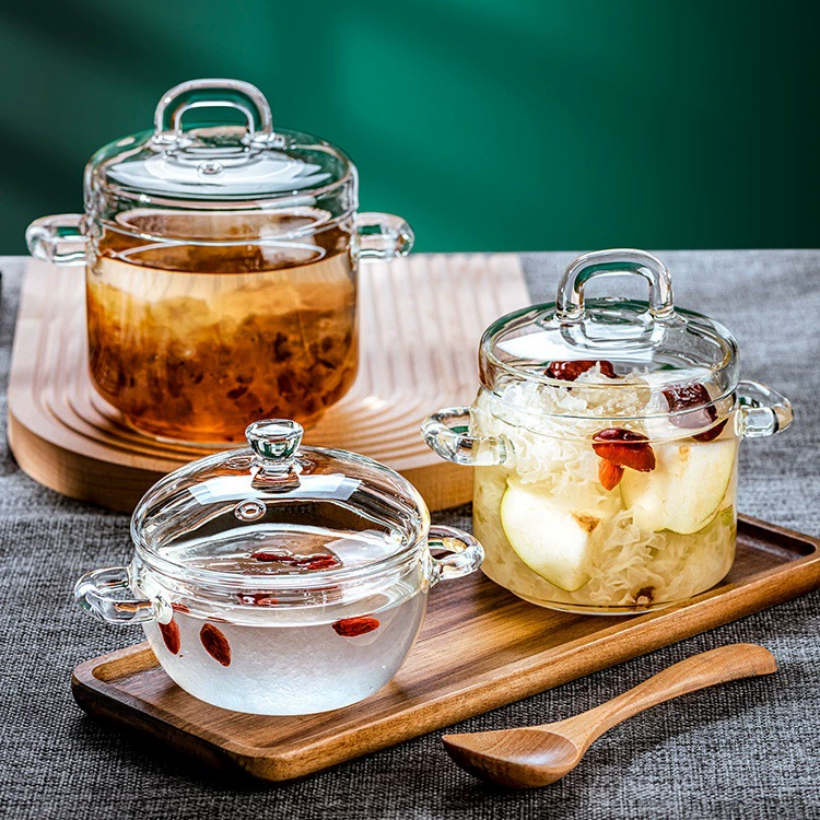 Бытовая жаропрочная стеклянная кастрюля для супа, кастрюля для супа и яиц на пару с двумя ушками, кастрюля для тушения из высокоборосиликатного стекла с маленьким птичьим гнездом