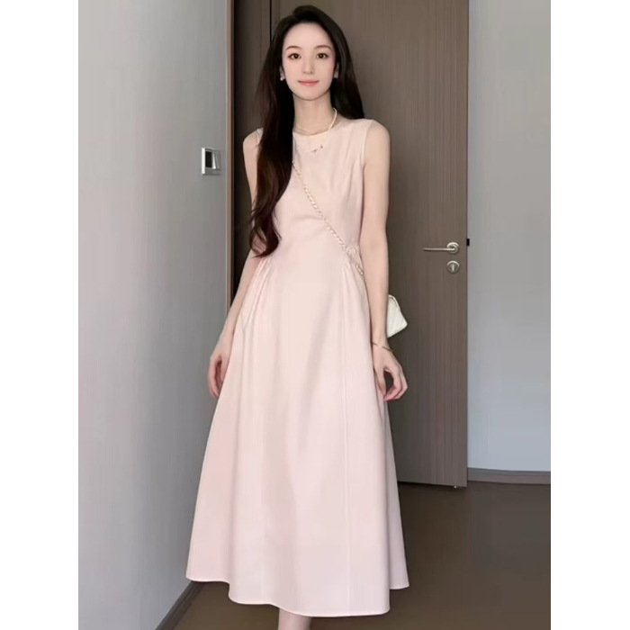 ピンク 2025 新しい夏のノースリーブベストドレス女性のスリムウエストデザインラウンドネックドレス|undefined