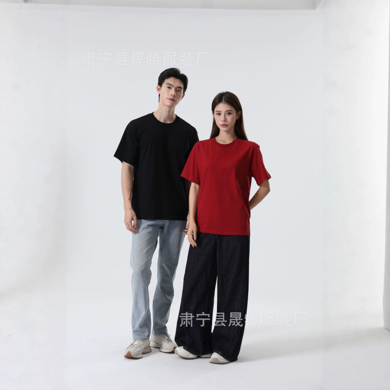 Heavyweight 260g Couple's Pure Cotton T-Shirt, Casual Loose Fit, Drop Shoulder, Solid Color Base Shirt, Three-Stitch Round Neck Base Shirt