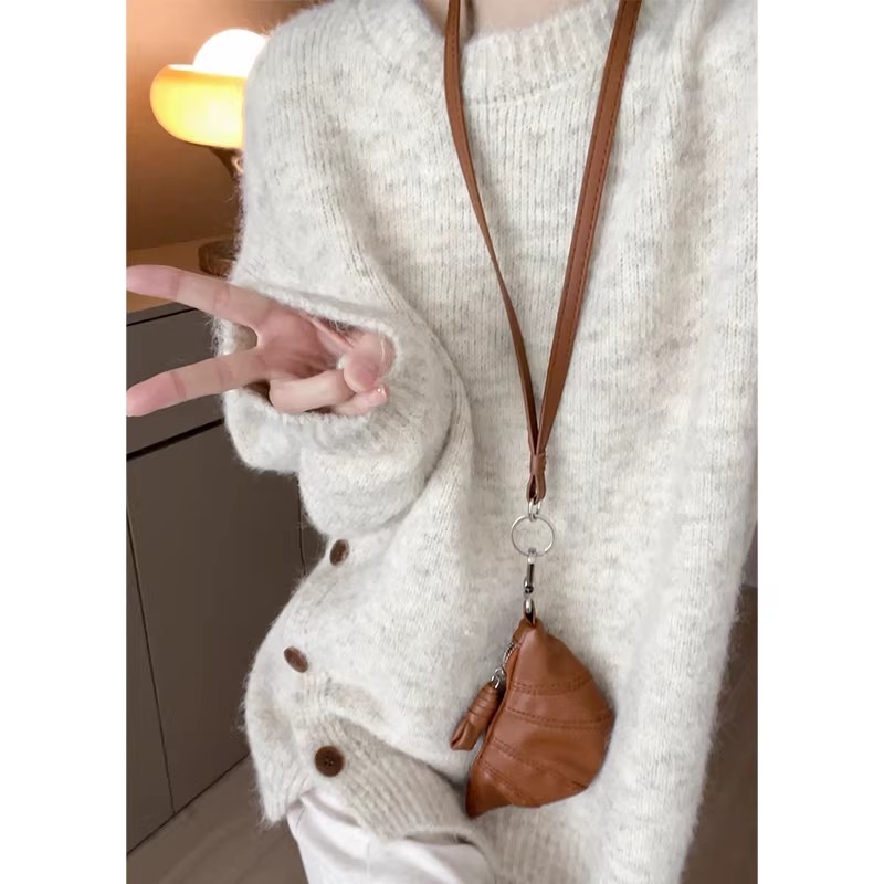 奶fufu慵懒软糯马海毛毛衣外套女秋冬设计感小众别致开叉针织上衣|undefined