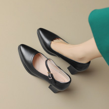 真皮旗袍走秀粗跟一字带黑色头层牛皮妈妈鞋中跟浅口职业工作女鞋