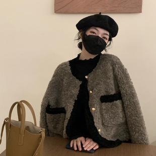 Chanel Style Coat Women's Lamb Wool Plush Autumn and Winter fleece-lined Thickened Lamb Wool Korean-style Coat for Little Women Cotton-padded Coat