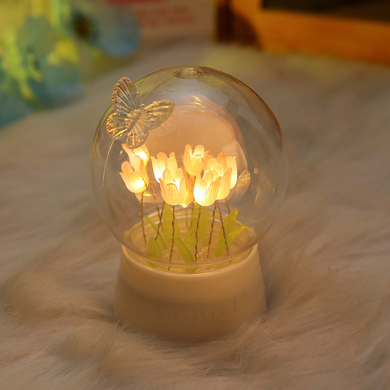 Bola de cristal, flor de rosa, tulipán, luz nocturna, red roja, luz de ambiente de bricolaje, regalo de cumpleaños para novios, día de San Valentín