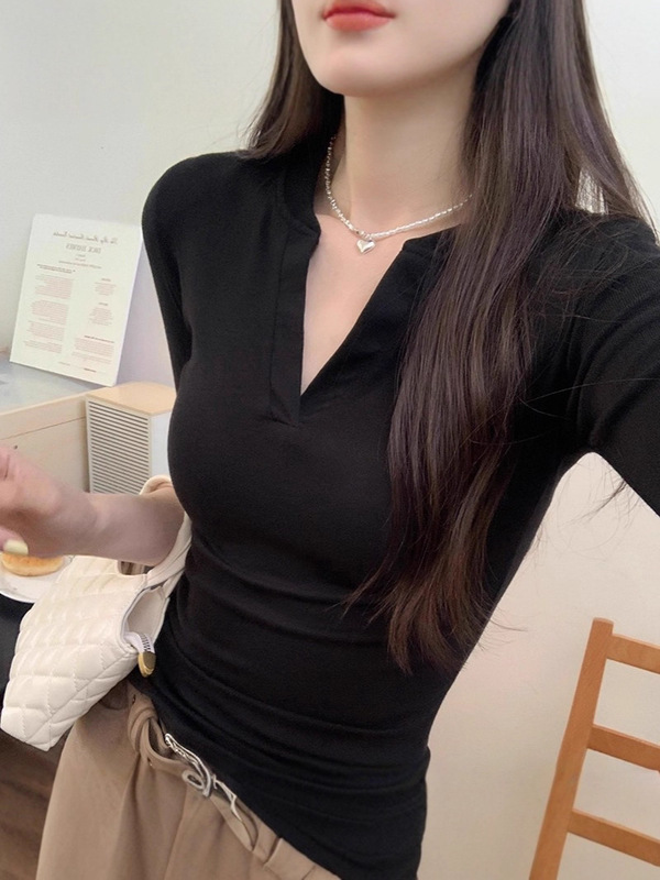 漂亮V领修身辣妹薄T恤女初秋新款美式高级感长袖chic上衣|undefined