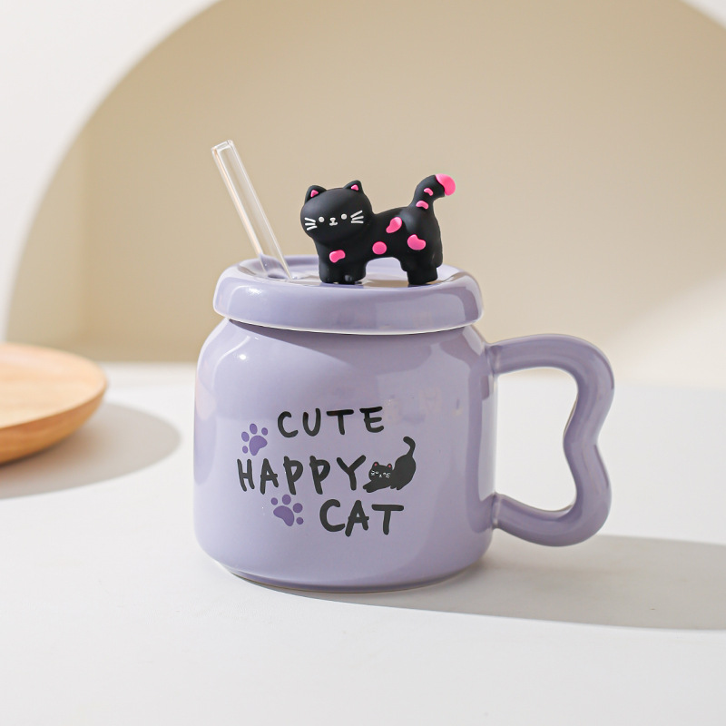 Taza de paja de dibujos animados de gato lindo suave Taza de oficina de alto valor con tapa Taza de pareja casera Taza de desayuno