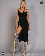 跨境欧美性感夜店派对单肩金属感高弹性绷带开衩连衣裙女dress