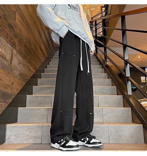 American Street High-Waist Wide-Leg Harajuku Pants for Men and Women Spring and Autumn Straight Leg Casual Work Pants with Trendy Button Design