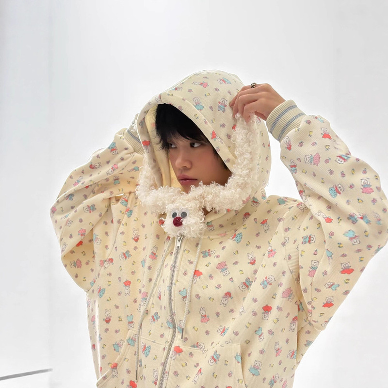 Sheep and Bunny Print Set for Women, 2025 Autumn, Cute Hooded Scarf Jacket, Straight-Leg Pants, Three-Piece Set Sheep and Bunny Print Set for Women, 2025 Autumn, Cute Hooded Scarf Jacket, Straight-Leg Pants, Three-Piece Set