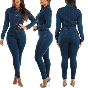 3538 foreign trade Europe and the United States cross-border Amazon slim elastic small foot mouth wash denim jumpsuit jumpsuit