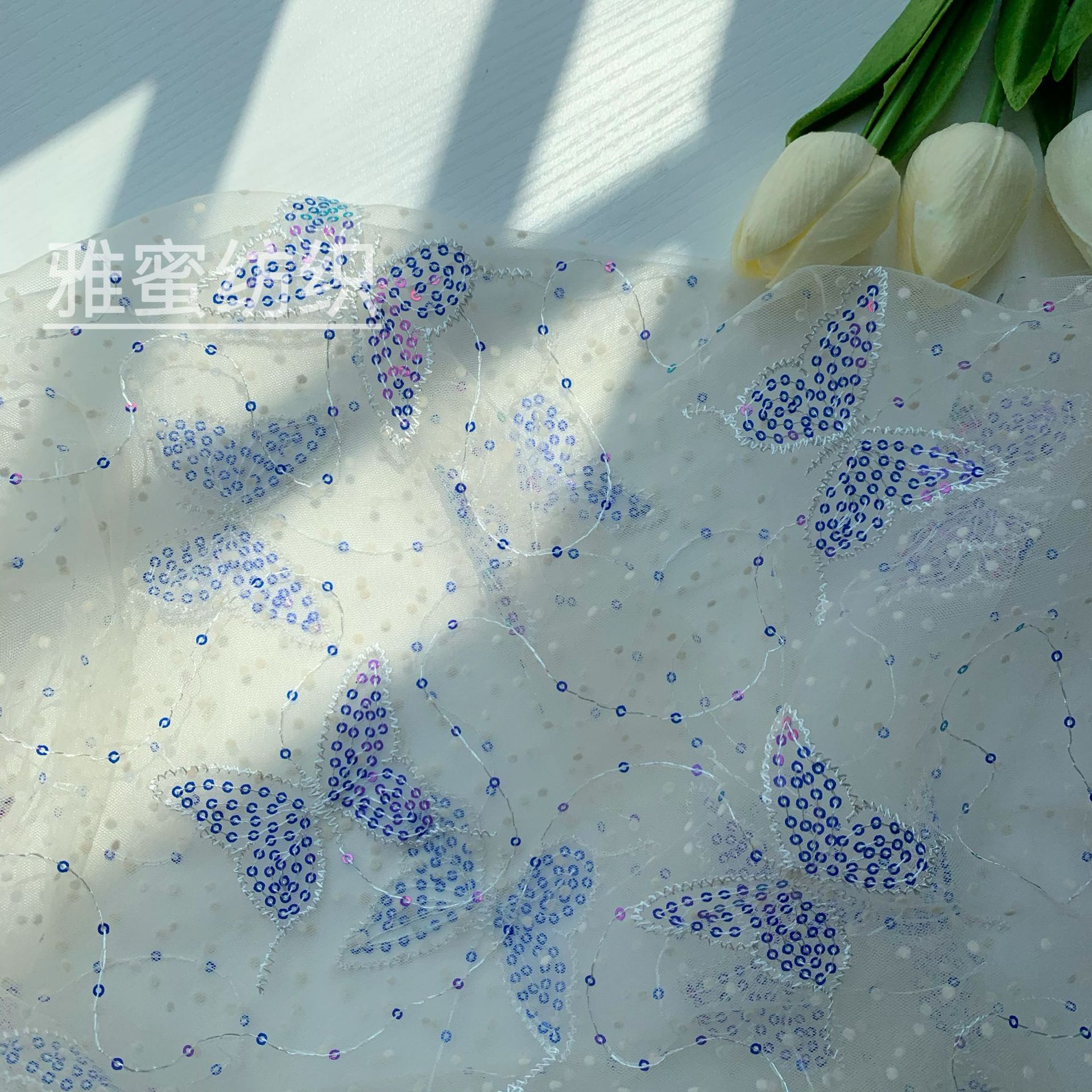 Punto brillante flocado mariposa bordado pieza mágica color lentejuelas Malla tela vestido de las mujeres etapa desgaste Lolita tela