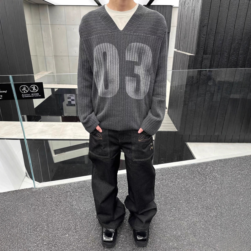 Korean Cleanfit American Retro Loose Sports V Neck Sweater Anti-Strip Knitted Long-Sleeved Knitted Jersey Sweatshirt