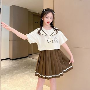 Girls' New Summer Two-Piece Fashionable and Stylish College-Style Suit for Older Children and Girls Short-Sleeved Short Skirt Summer Dress