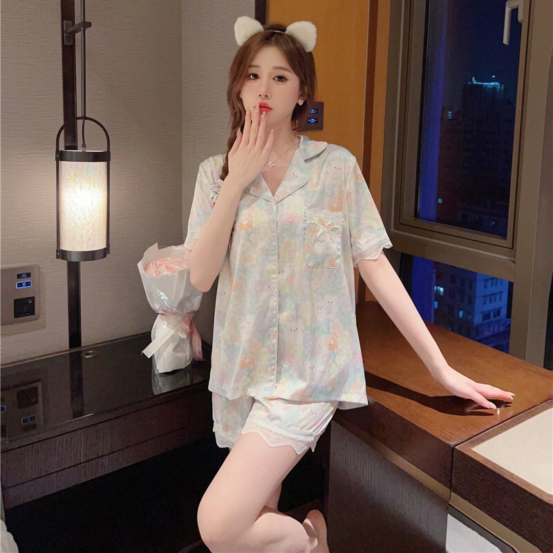 Big Sale Pajamas for Women Summer New Ice Silk Bear Print Cute Short-Sleeved Pants Shorts Two-Piece Set with Hair Ties