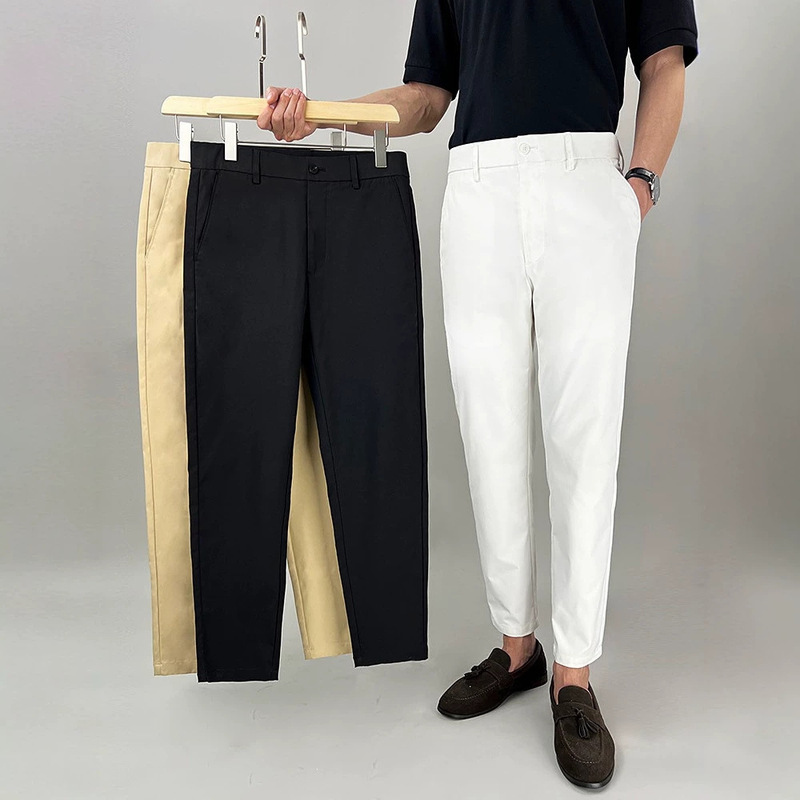 Summer Slim-Fit Cropped Pants for Men, White Business Casual Dress Pants, High-End Luxury Wrinkle-Resistant Thin Style Summer Slim-Fit Cropped Pants for Men, White Business Casual Dress Pants, High-End Luxury Wrinkle-Resistant Thin Style