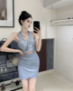 V-neck glittering， royal sister hanging neck， backless design， sense of dress， dazzling belly， nightclub short