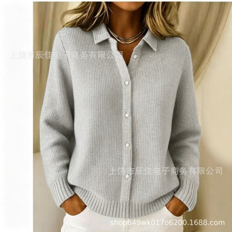 2026 new cross-border women's shirt, collared cardigan top, solid color knit, 3D print, European and American style, for Christmas, autumn, and winter