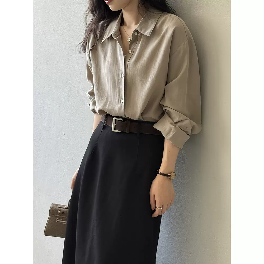 言双 气质通勤天丝衬衫女 秋季韩系高级感休闲宽松长袖衬衣82588