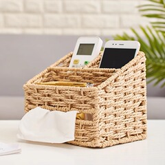 草編み多機能ティッシュボックスデスクトップキーリモコン小さい収納ボックス化粧品収納ボックス茶何雑物カゴ
