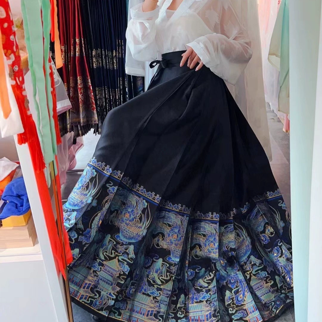 Ретро Макияж Цветок Новая Улучшенная юбка макси в китайском стиле тяжелая промышленность Волшебный Цвет Тканая Золотая макси юбка китайский стиль ханьфу женские ежедневные пригородные