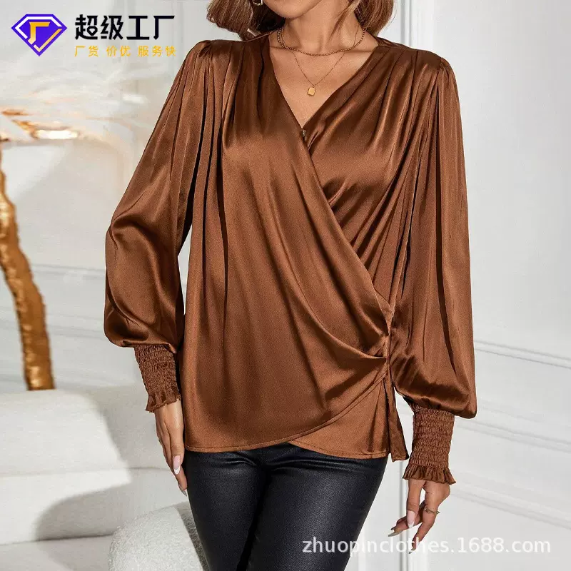 卓品服饰 定制欧美亚马逊优雅V领打揽灯笼袖气质通勤女式纯色衬衫