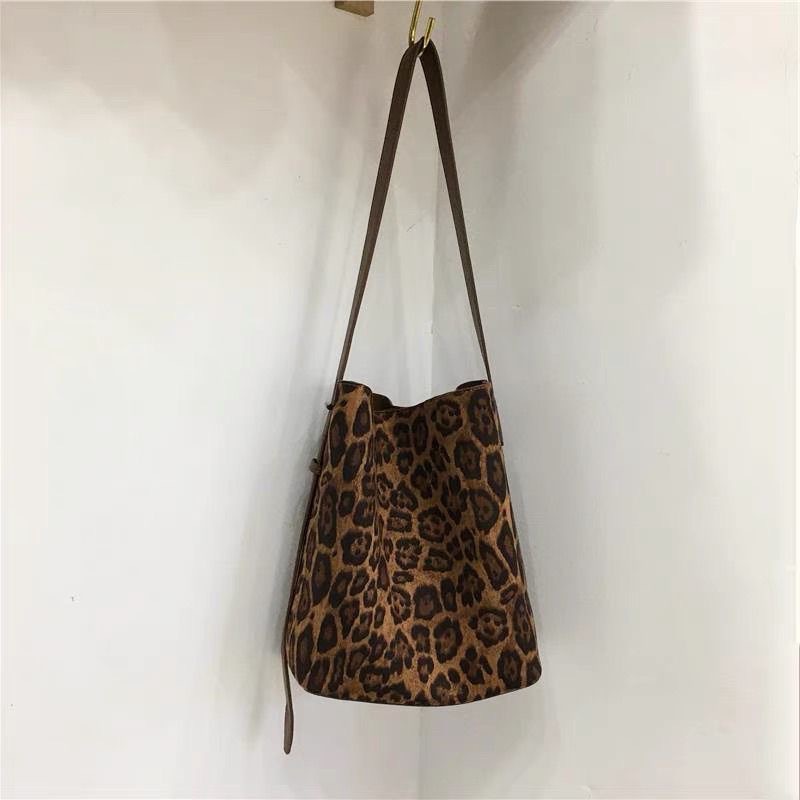 Korean Style Niche Ins Suede Retro Leopard Print Bucket Bag Versatile Shoulder Crossbody Tote Bag For Women - Thumbnail 6