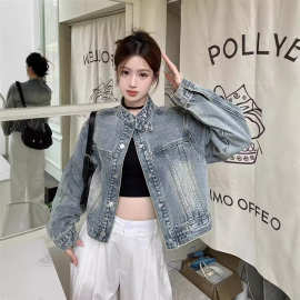 原宿风立领牛仔外套女装2024秋季新款甜酷短款机车服韩版气质夹克