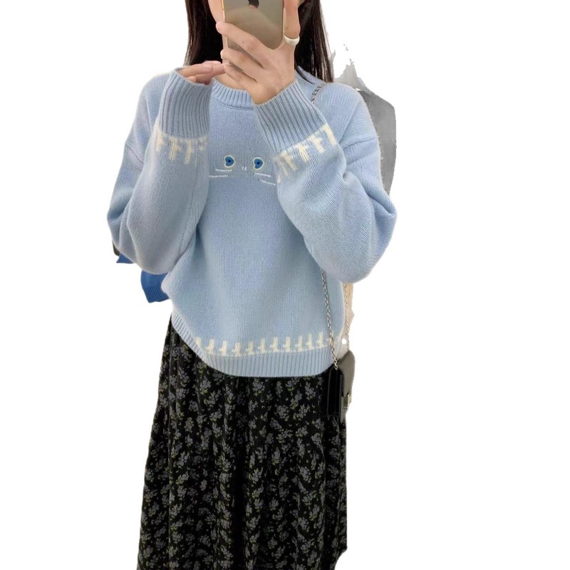 2025秋冬新款韩版甜美宽松慵懒风圆领套头毛衣女百搭针织衫打底衫|undefined
