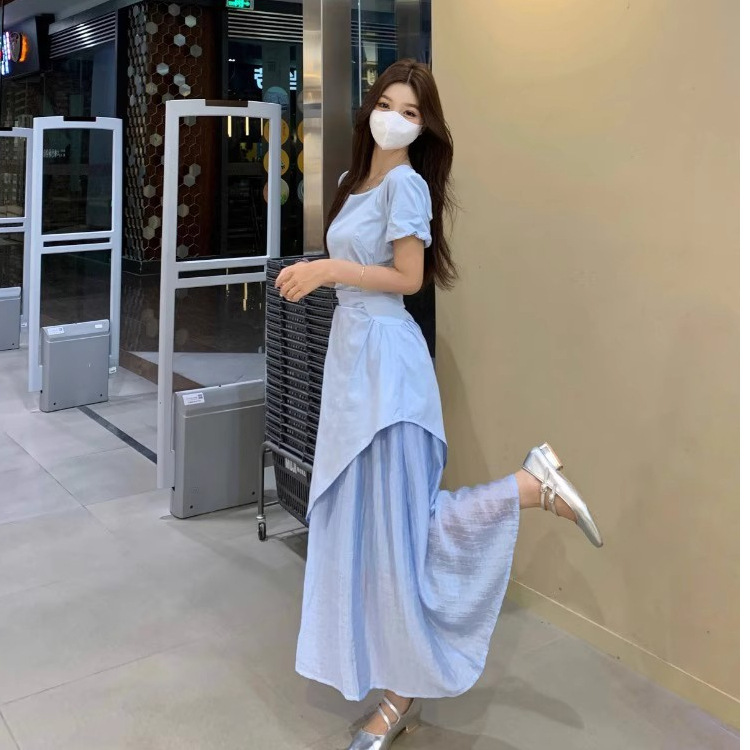 大码法式不规则方领连衣裙女夏季胖MM遮肚显瘦裙子时尚短袖A字裙|undefined