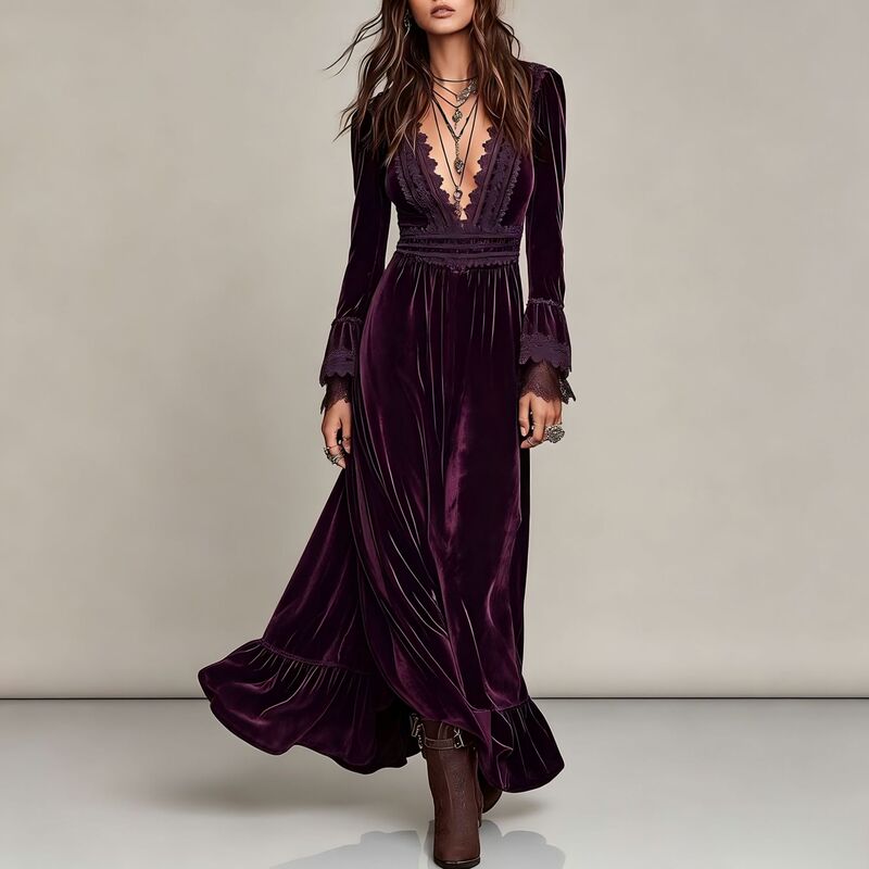 2026 European and American cross-border Amazon independent site foreign trade western resort vintage lace spliced velvet dress