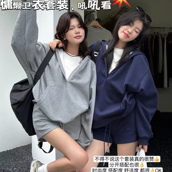 2025年秋季新款韩版宽松V领连帽卫衣+抽绳休闲短裤套装休闲两件套|undefined