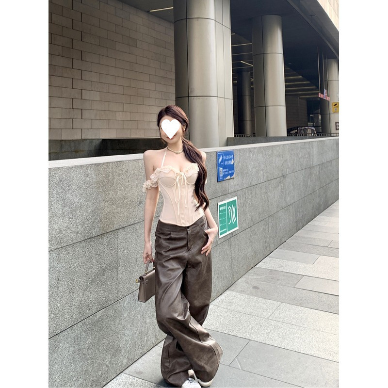 蕾丝拼接美背挂脖抹胸背心女夏季鱼骨修身内搭设计感纯欲外穿上衣|undefined