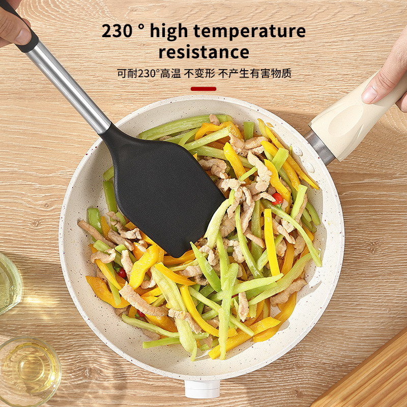 Juego de utensilios de cocina de silicona de cocina transfronteriza, mango de acero inoxidable, utensilios de cocina de silicona, cuchara de cocina, pala, suministro directo de fábrica de grado alimenticio