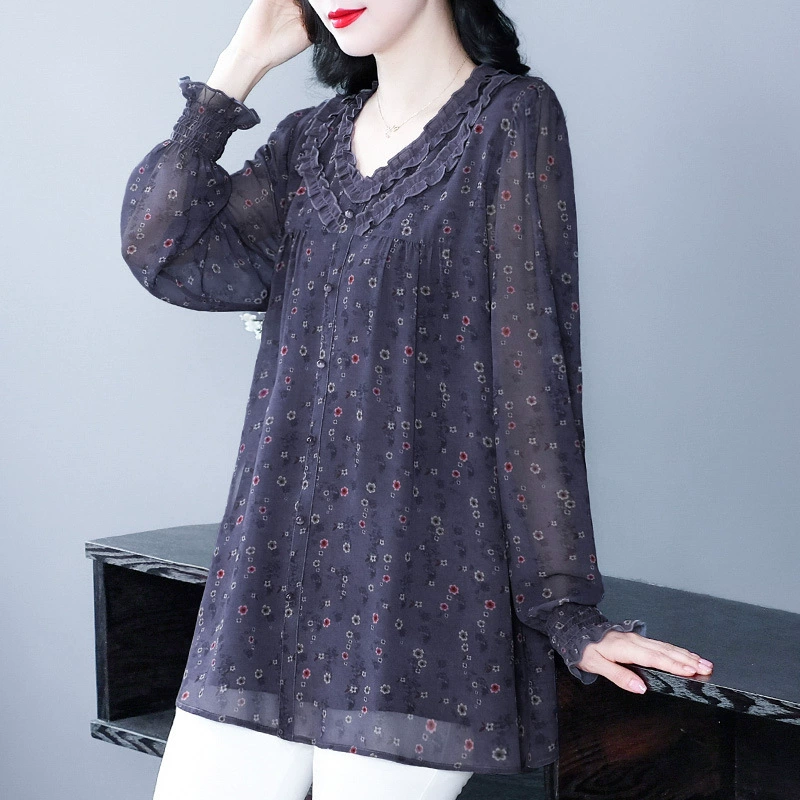 Французский темперамент повседневный свободный большой размер лотоса, сломанные цветы тонкие с длинными рукавами шифоновая рубашка принцесса мама средних лет