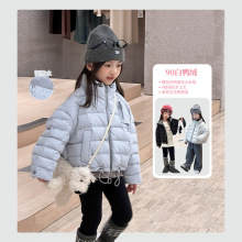 新国标90%白鸭绒可溯源女童休闲韩范假2件短款工装立领羽绒服外套