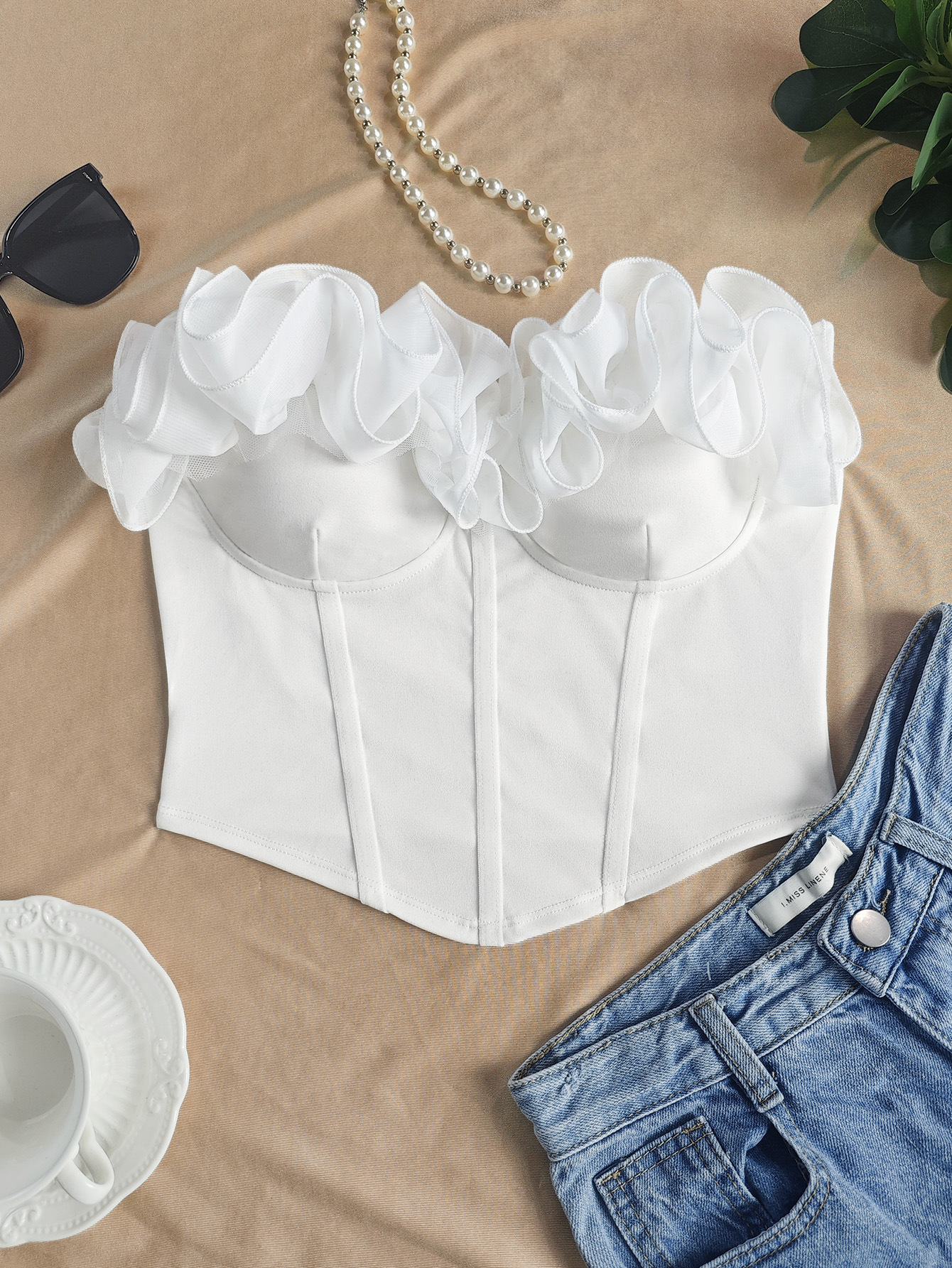 Women's Strapless White Ruffled Tank Top With Petal Trim Details_voghion.com