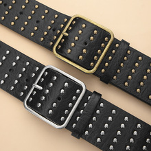 欧美复古街头时尚镂空方扣PU皮革拼接特色收腰皮带百搭钉珠女腰带