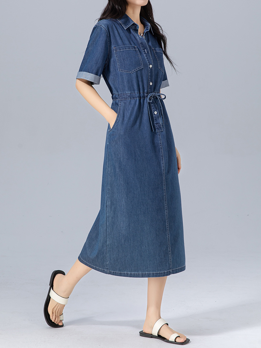 Váy liền dáng dài polo cotton thắt eo dây rút tay ngắn mùa hè — Màu xanh lam