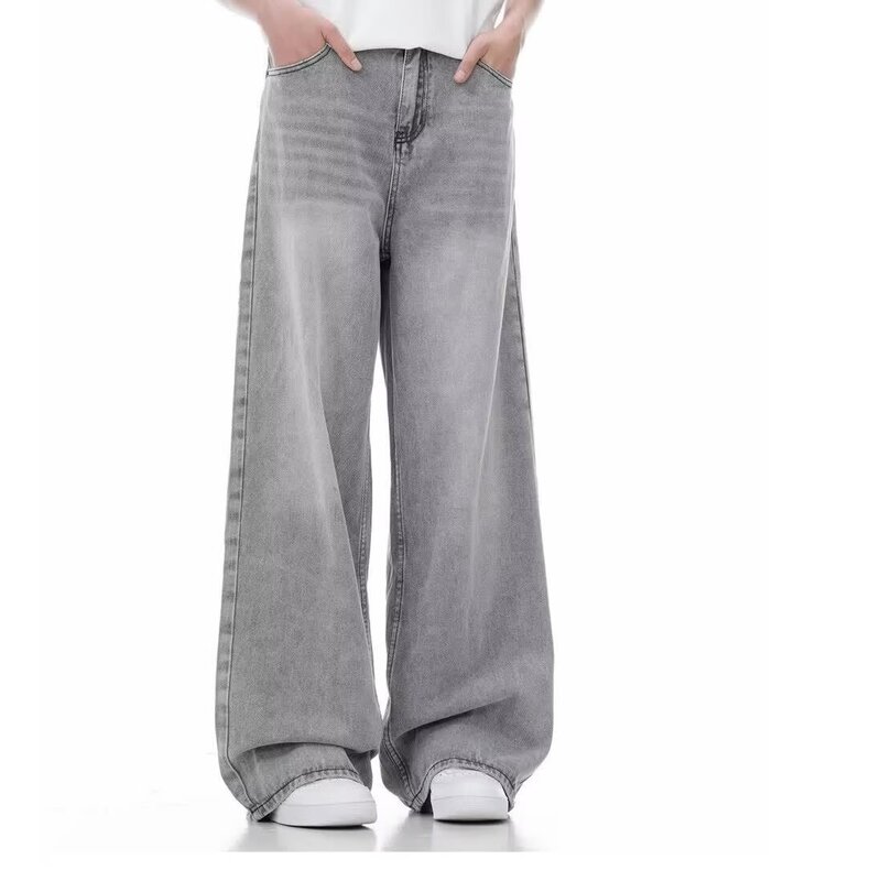 Cross-border American-style smoky gray denim pants, unisex, vintage, distressed, washed, loose-fitting, versatile, wide-leg, straight-leg, casual long pants