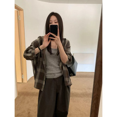韩系复古气质高级感连帽格纹抽绳短外套休闲百搭宽松显瘦通勤上衣