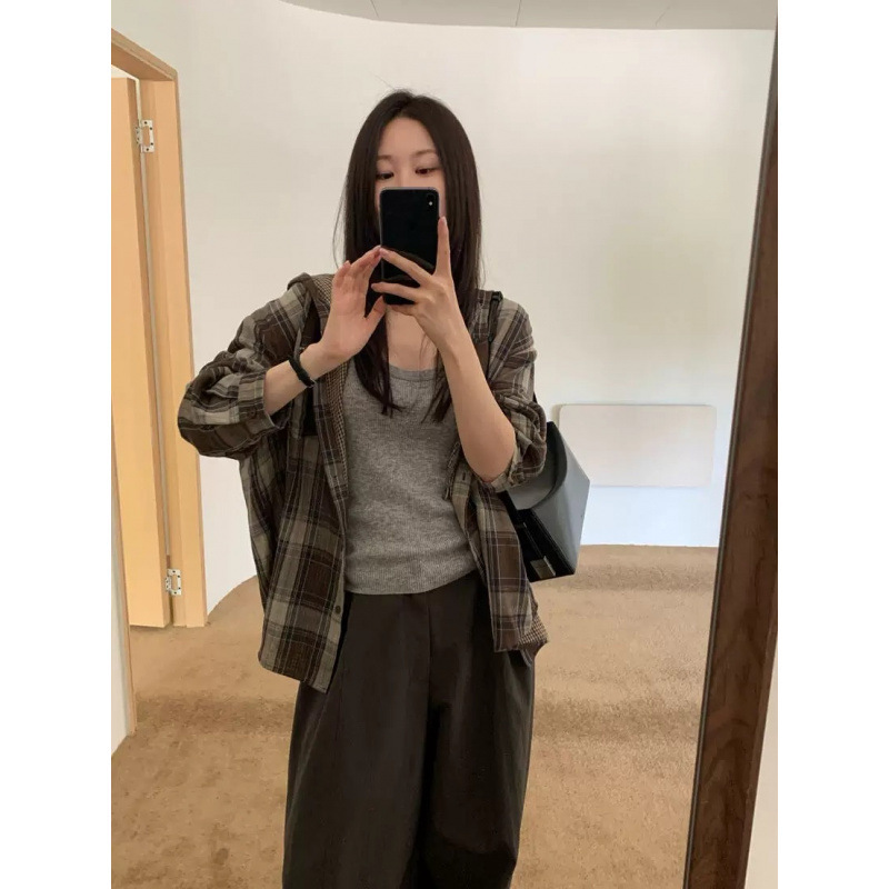 韩系复古气质高级感连帽格纹抽绳短外套休闲百搭宽松显瘦通勤上衣|undefined