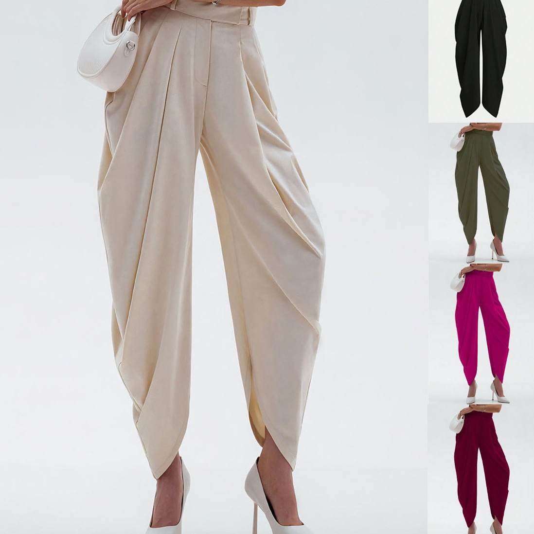 Women's Pants Foreign Trade Wholesale 2025 New High-Waisted Loose Draped Pleated Irregular Slim Casual Pants Long Pants