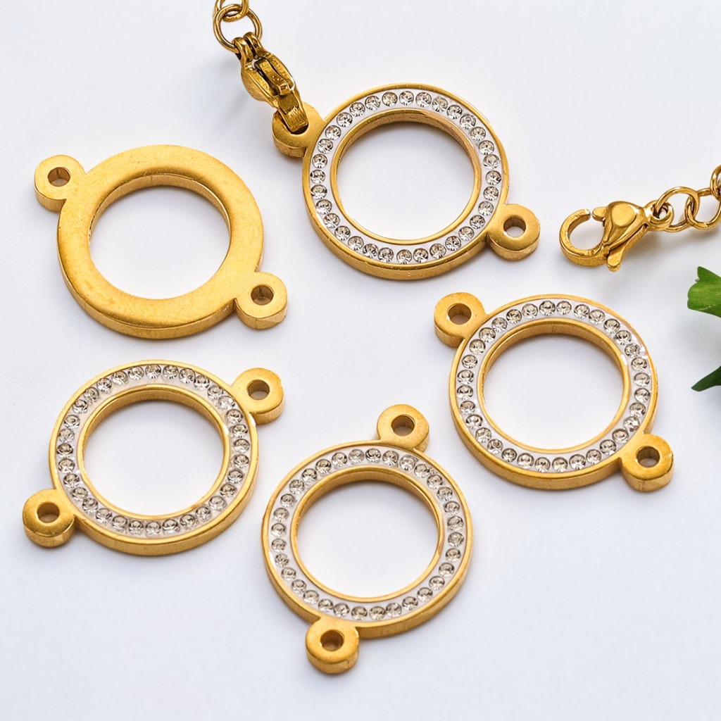 Anillo de diamante de acero inoxidable simple anillo de doble suspensión chapado 18k paquete de oro color zircón anillo joyas collar DIY