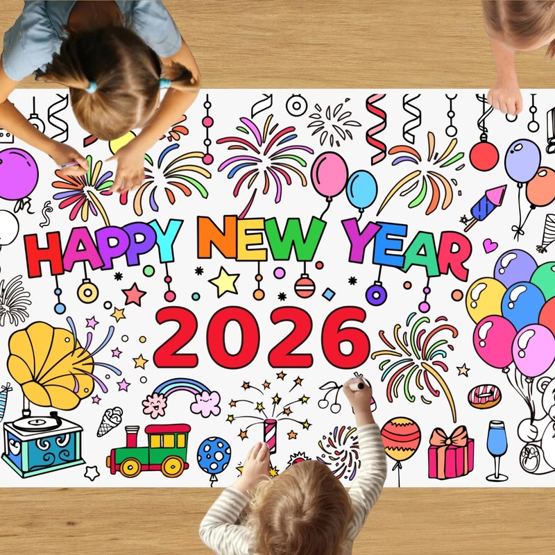 2026年新年テーマ塗り絵ポスター 子供用落書き塗り絵背景壁装飾 使い捨て防水紙テーブルクロス|undefined