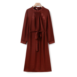 Mom's Summer Dress 2025 Summer Women's Round Neck Lace-Up Long-Sleeved Elegant Slim Long Skirt over the Knee Straight Skirt