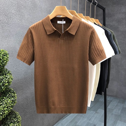 POLO Shirt V-Neck Short Sleeve Knit Shirt Men's Collar Seagull Collar Striped Business T-Shirt Trendy Plus Size Foreign Trade Cross-Border Wholesale